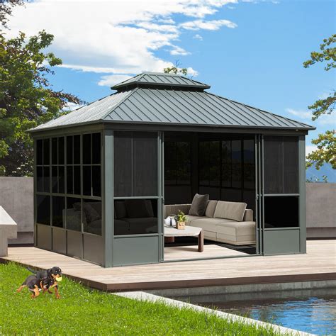 outdoor metal gazebo screen houses|hardtop gazebo with sliding screen.